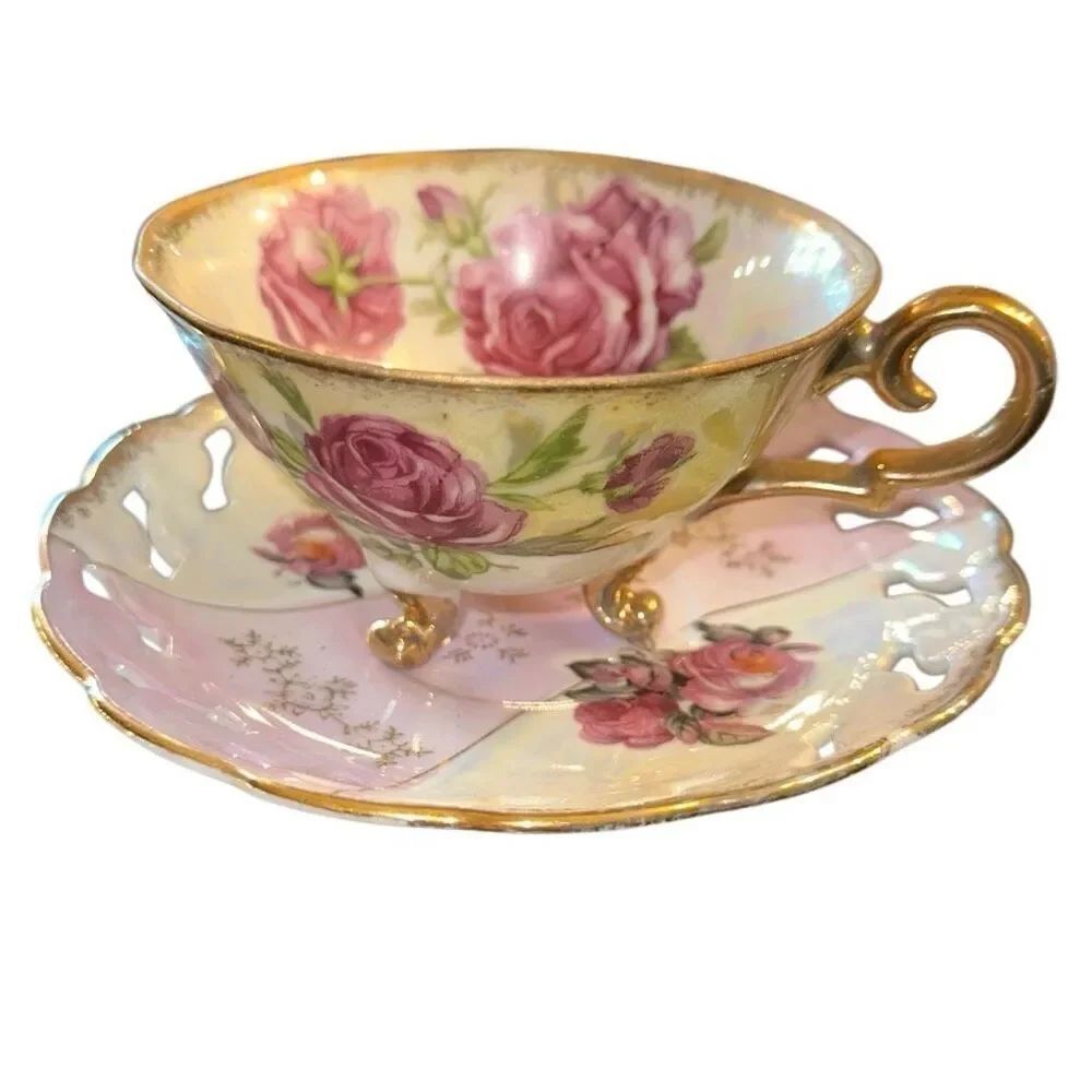 Vintage Shafford Iridescent Japan footed Teacup and Saucer Set laced Lusterware
